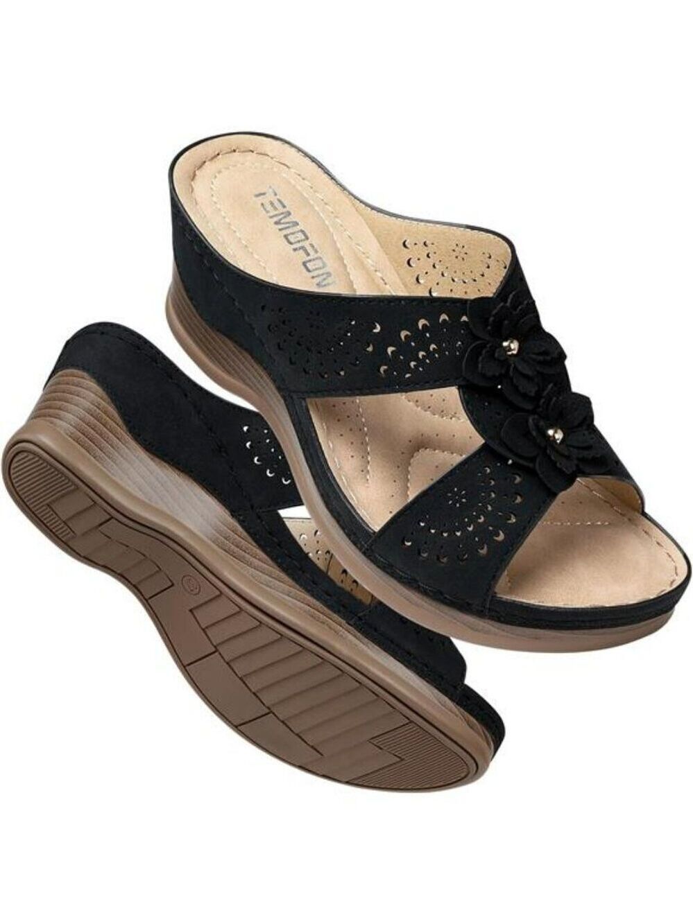 TEMOFON Womens Wedge Sandals Leather Slip On Dressy Summer Walking Shoes